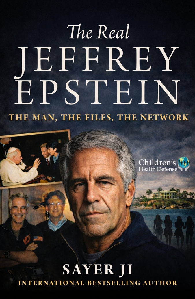 The Real Jeffrey Epstein book cover — Epstein portrait with photos of Gates and other figures, island backdrop